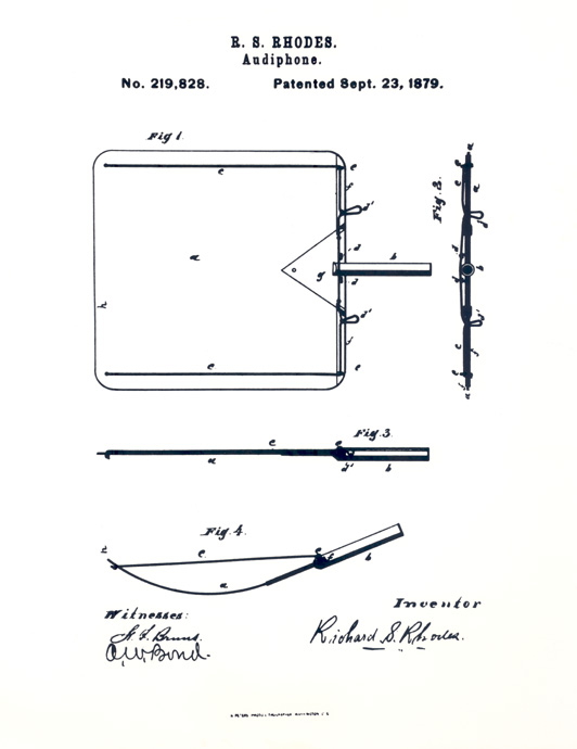 Rhodes Audiphone patent drawing, 1879