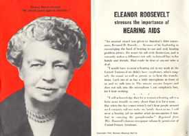 Beltone hearing aid advertisement featuring Eleanor Roosevelt, 1952
