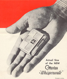 Advertisement for the Otarion Whisperwate hearing aid